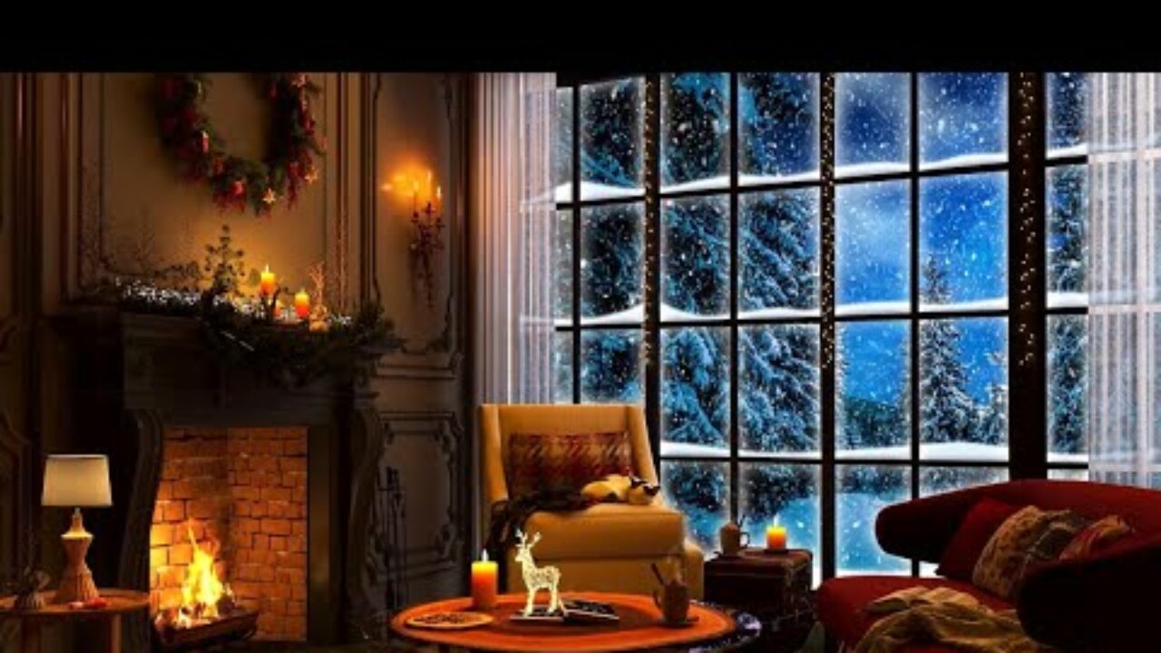 Weihnachtliche Stimmung mit Kaminfeuer und Schnee