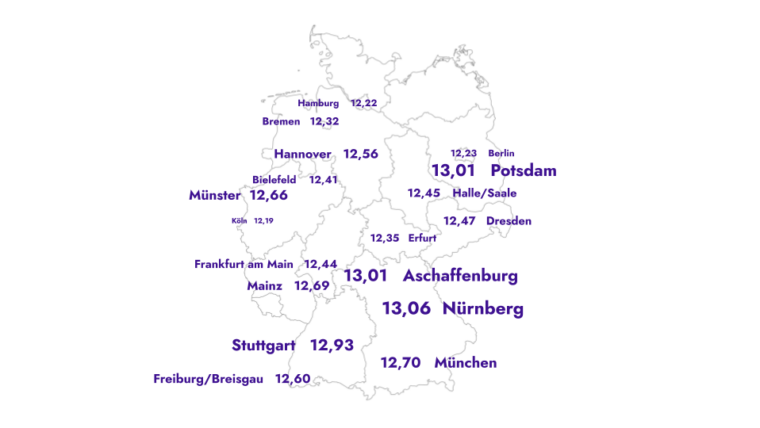 Deutschlandkarte mit Durchschnittsstundenlohn nach Region