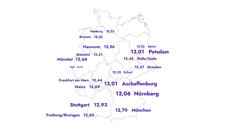 Deutschlandkarte mit Durchschnittsstundenlohn nach Region