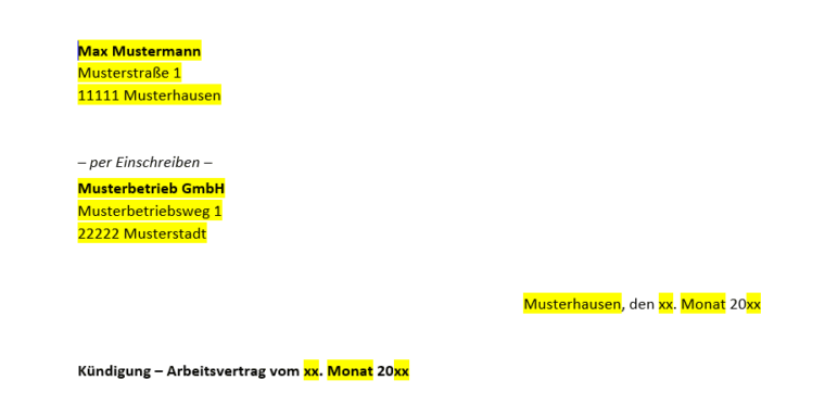 Aufbau des Briefkopf für eine Kündigung