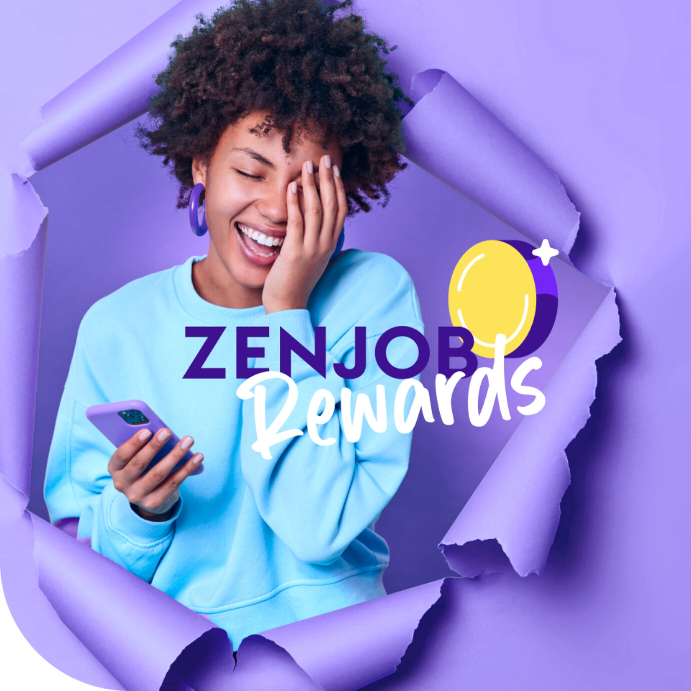 Zenjob Rewards Header - Junge Frau freut sich über die gesammelten Punkte, während sie die Zenjob App auf ihrem Smartphone benutzt.