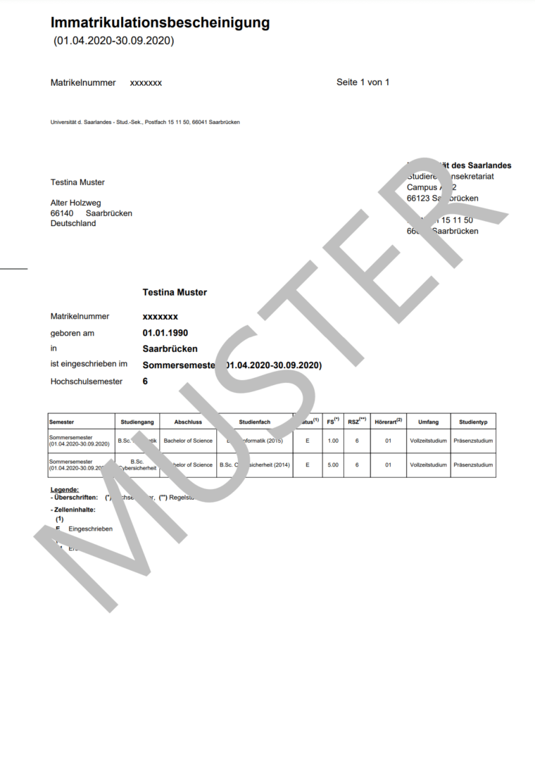 Muster Immatrikulationsbescheinigung