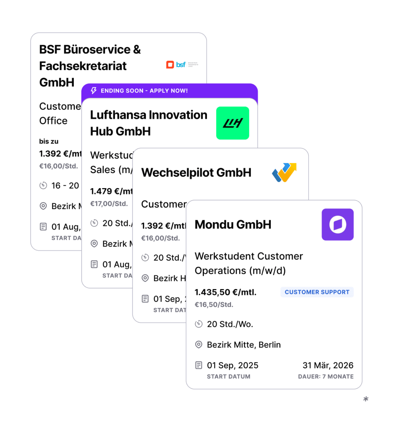 4 Jobangebote überlappend, von verschiedenen Unternehmen, so wie sie in der Zenjob App angeboten werden.
