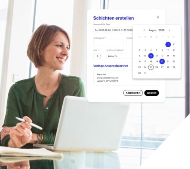 Eine Frau sitzt vor einem Laptop, hält einen Stift in der Hand und zeigt einen Screenshot der Zenjob Company Web App.