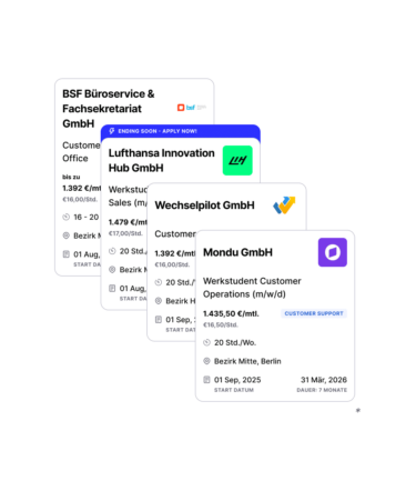 4 Jobangebote überlappend, von verschiedenen Unternehmen, so wie sie in der Zenjob App angeboten werden.