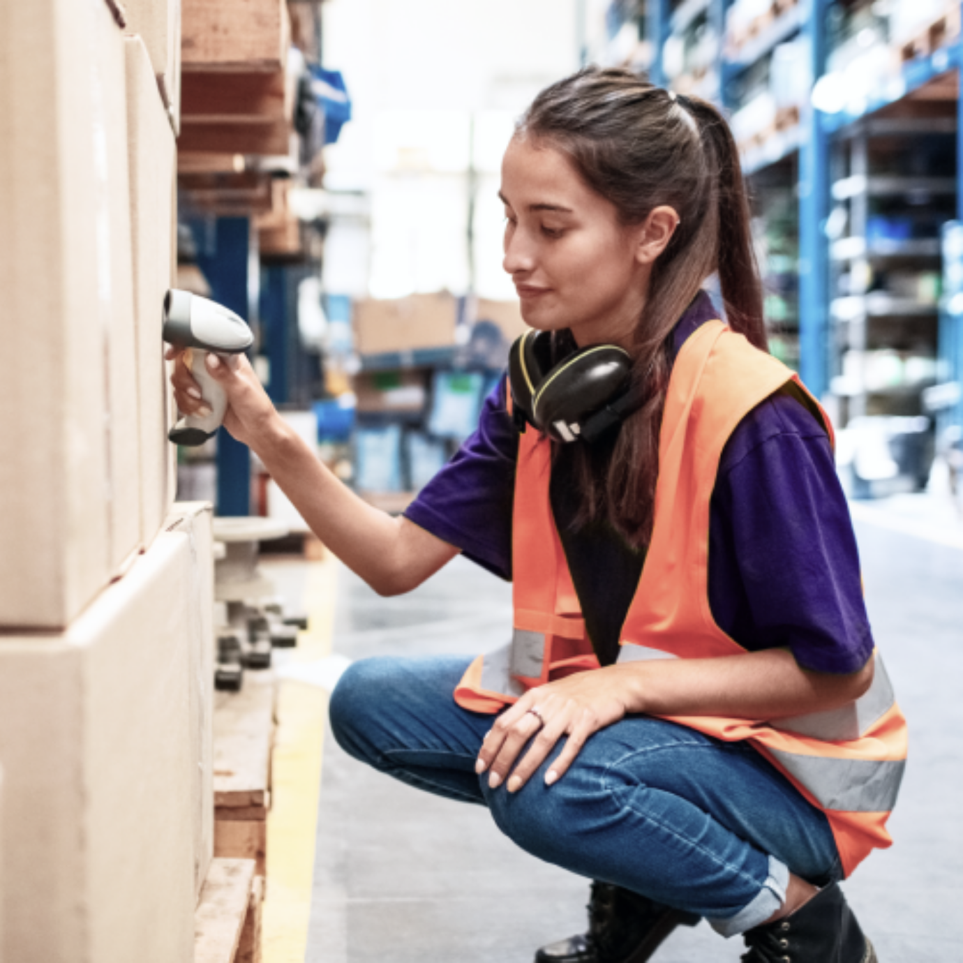The image shows a young woman scanning boxes in a large warehouse during her part-time job.