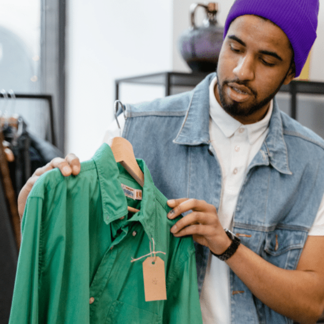 Student jobs in retail are very popular in the Zenjob app. In this image, a young man is helping a customer during his shift as sales assistant.