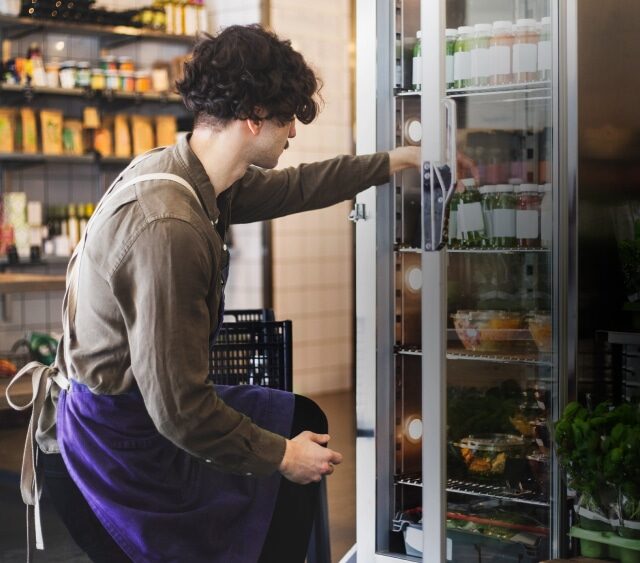 Man is putting groceries in a fridge